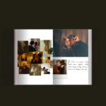 Couple photobook spread with candid collage and handwritten love quote