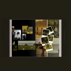Couple photobook spread with black background collage and Polaroid-style photos