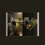 Couple photobook spread with rainy night bike photo and heart-shaped photo collage