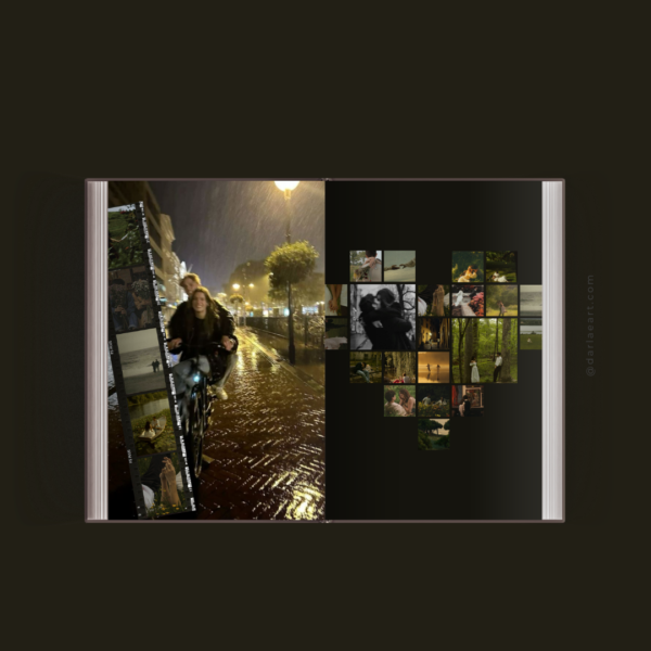 Couple photobook spread with rainy night bike photo and heart-shaped photo collage