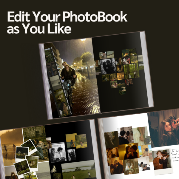 "Edit Your PhotoBook as You Like" — multiple customizable photobook spreads