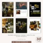 Grid of aesthetic couple photobook page designs, 30+ pages, instant download