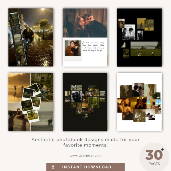 Grid of aesthetic couple photobook page designs, 30+ pages, instant download