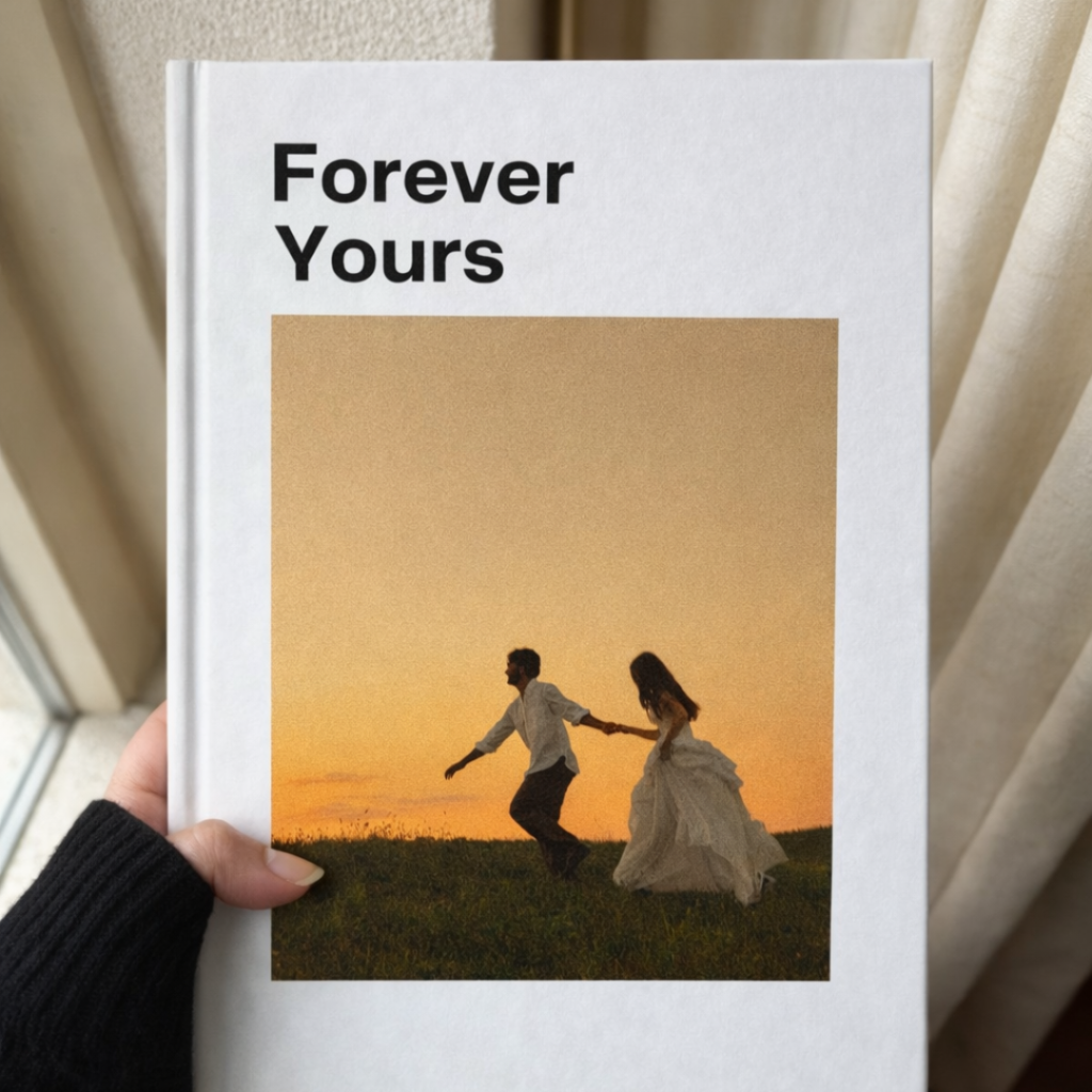 Forever Yours white luxury wedding photo album held in hand showing romantic couple running at sunset on cover, custom photo book