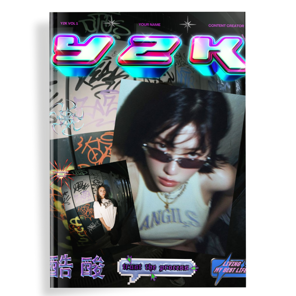 Y2K Vol. 1 photobook cover with 3D chrome graffiti-style lettering, layered portrait photos, and streetwear-inspired Y2K typography