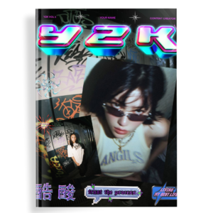 Y2K Vol. 1 photobook cover with 3D chrome graffiti-style lettering, layered portrait photos, and streetwear-inspired Y2K typography