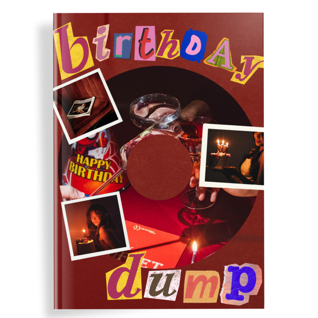 Birthday photobook cover with colorful collage typography, birthday cake photos, and red-toned party imagery
