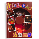 Birthday photobook cover with colorful collage typography, birthday cake photos, and red-toned party imagery