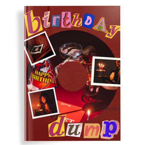 Birthday photobook cover with colorful collage typography, birthday cake photos, and red-toned party imagery