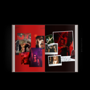 Birthday photobook template design with collage of party photos, Polaroid frames, and friendship quote on red and dark backgrounds.