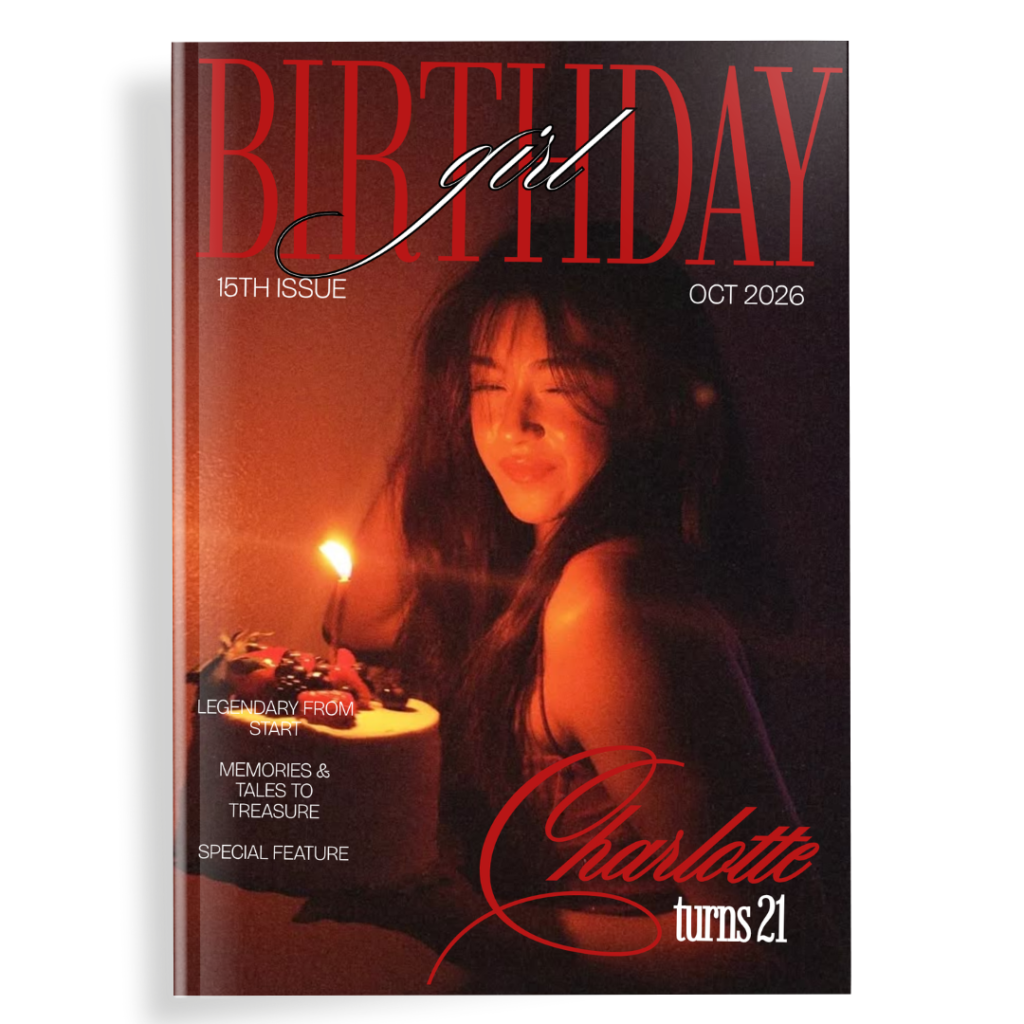 Birthday magazine cover featuring a young woman holding a cake with a lit candle, warm lighting, and celebratory text highlighting Charlotte’s 21st birthday