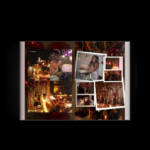 Birthday photobook template design with collage of party photos, balloons, sparklers, candles, and Polaroid frames capturing joyful celebration.
