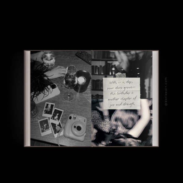 Birthday photobook template design with black‑and‑white party photos, wine glasses, instant camera, Polaroid snapshots, and handwritten birthday quote.
