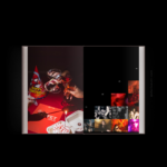 Birthday photobook template design with cocktail glasses, cake slice with candle, party hat, and collage of vibrant party photos.