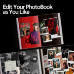 Advertisement showcasing customizable birthday photobook templates with creative layouts, Polaroid frames, handwritten notes, and celebratory photos.