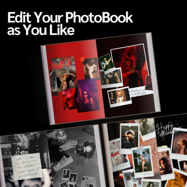 Advertisement showcasing customizable birthday photobook templates with creative layouts, Polaroid frames, handwritten notes, and celebratory photos.