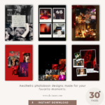 Birthday photobook template design with 32 pages including cover, back, and 15 double‑page spreads featuring party collages, Polaroid frames, and celebratory layouts.