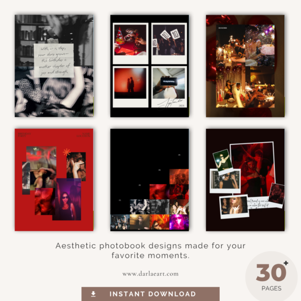 Birthday photobook template design with 32 pages including cover, back, and 15 double‑page spreads featuring party collages, Polaroid frames, and celebratory layouts.