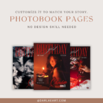 Customizable birthday photobook templates by Darlae showing magazine‑style covers with birthday themes, cocktails, cake, and celebration photos.