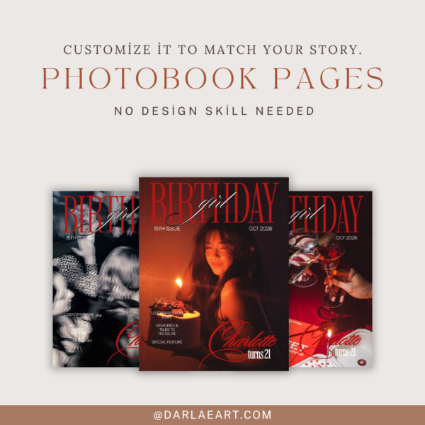 Customizable birthday photobook templates by Darlae showing magazine‑style covers with birthday themes, cocktails, cake, and celebration photos.