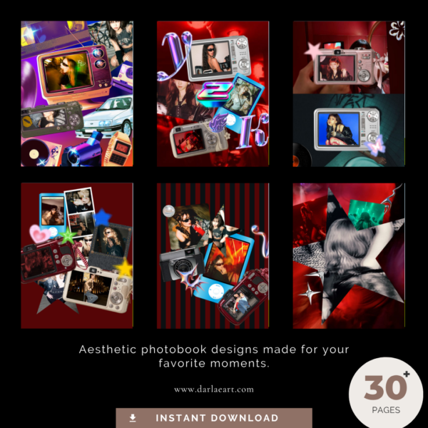 Y2K photobook mockup by darlaeart.com — 30+ page instant download with digicam, collage, and retro tech aesthetic page previews