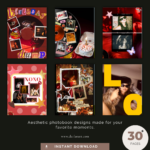 Grid of birthday scrapbook photobook page designs, 30+ pages, instant download