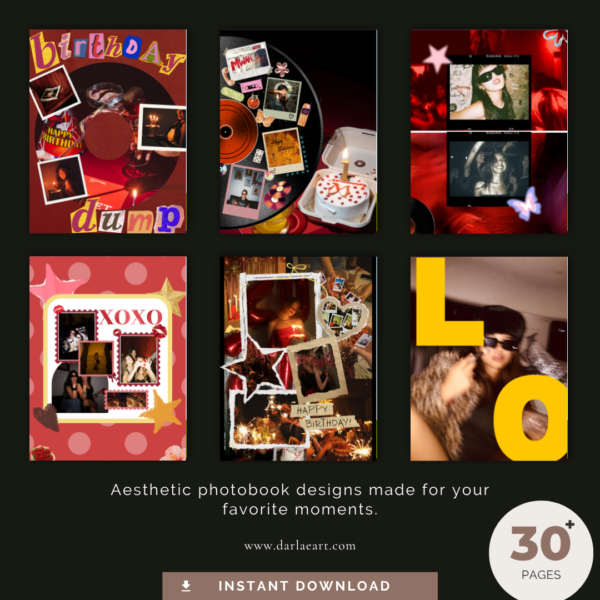 Grid of birthday scrapbook photobook page designs, 30+ pages, instant download