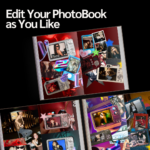 "Edit Your PhotoBook As You Like" promo image by darlaeart.com showing customizable Y2K photobook spreads with digicam and collage designs