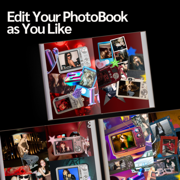 "Edit Your PhotoBook As You Like" promo image by darlaeart.com showing customizable Y2K photobook spreads with digicam and collage designs