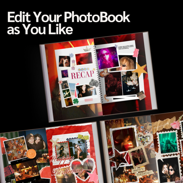 "Edit Your PhotoBook as You Like" — customizable birthday scrapbook spreads collage