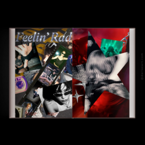 Y2K photobook spread "Feelin' Rad" by darlaeart.com — film strip photo collage with red star-shaped grunge montage