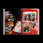Birthday photobook interior spread with red collage design, birthday photos, cake, and scrapbook elements