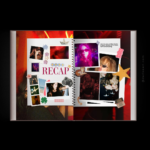 Birthday photobook interior spread with recap collage, party photos, scrapbook stickers, and red-toned background