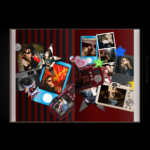 Y2K photobook spread by darlaeart.com — red and black striped collage with digital camera screens, iPod, and nightlife party photos