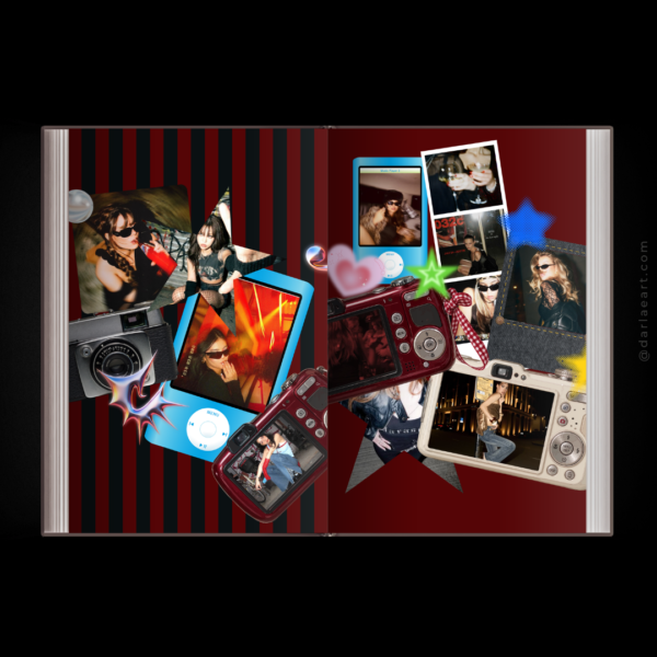 Y2K photobook spread by darlaeart.com — red and black striped collage with digital camera screens, iPod, and nightlife party photos