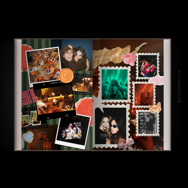 Scrapbook-style 21st birthday photobook spread with Polaroids, film strips, and party photos