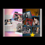 Y2K photobook spread by darlaeart.com — pastel gradient page with selfie mirror photos next to denim-framed Y2K street style collage