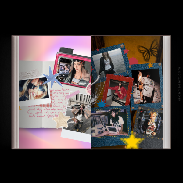 Y2K photobook spread by darlaeart.com — pastel gradient page with selfie mirror photos next to denim-framed Y2K street style collage