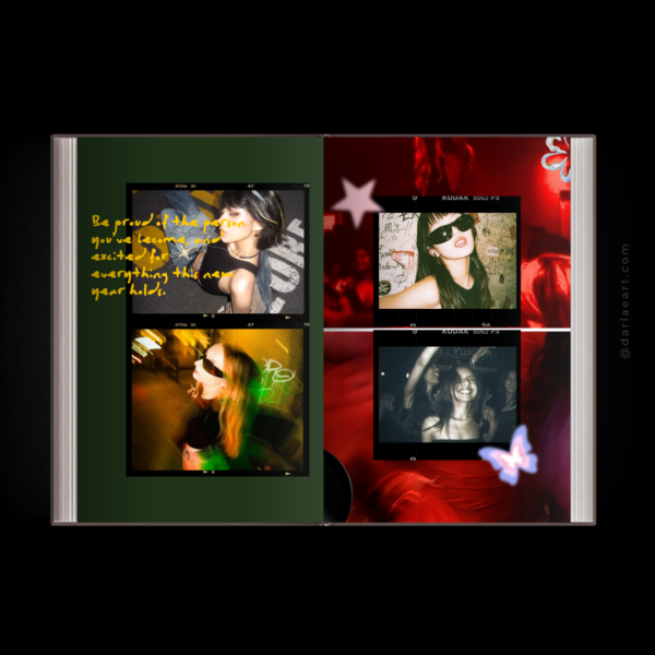 Scrapbook birthday photobook spread with green quote page and red nightlife photos