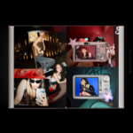 Y2K photobook spread by darlaeart.com — digicam viewfinder photos with red nightlife and blue-toned mirror selfie collage