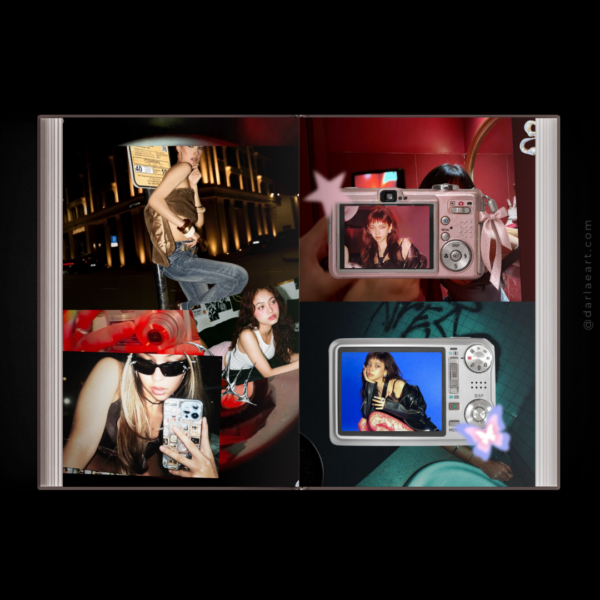 Y2K photobook spread by darlaeart.com — digicam viewfinder photos with red nightlife and blue-toned mirror selfie collage