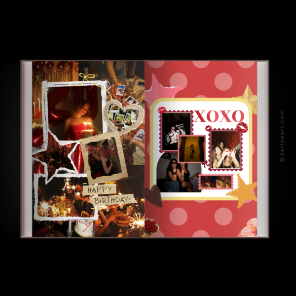 Scrapbook birthday photobook spread with red "Happy Birthday" collage and XOXO page