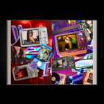 Y2K photobook spread by darlaeart.com — chrome digicam and retro TV collage with vintage car and camcorder graphics