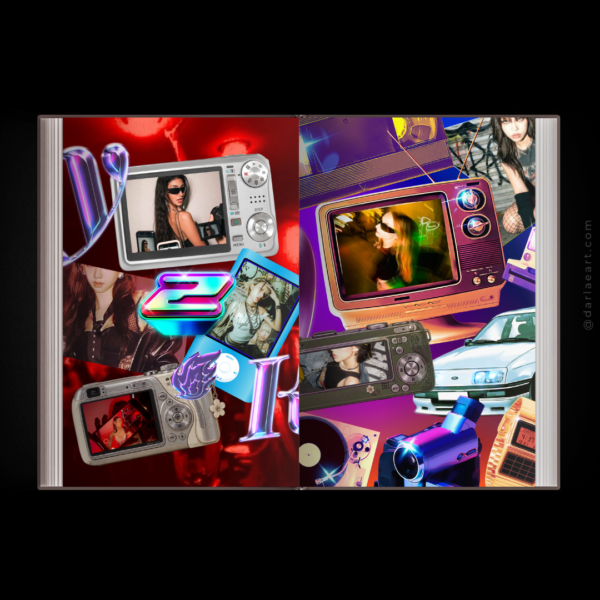Y2K photobook spread by darlaeart.com — chrome digicam and retro TV collage with vintage car and camcorder graphics